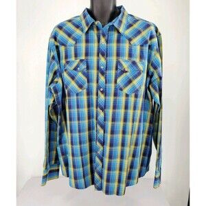 Wrangler Mens Yellow Blue Plaid Pearl Snap Long Sleeve Western Shirt XXL